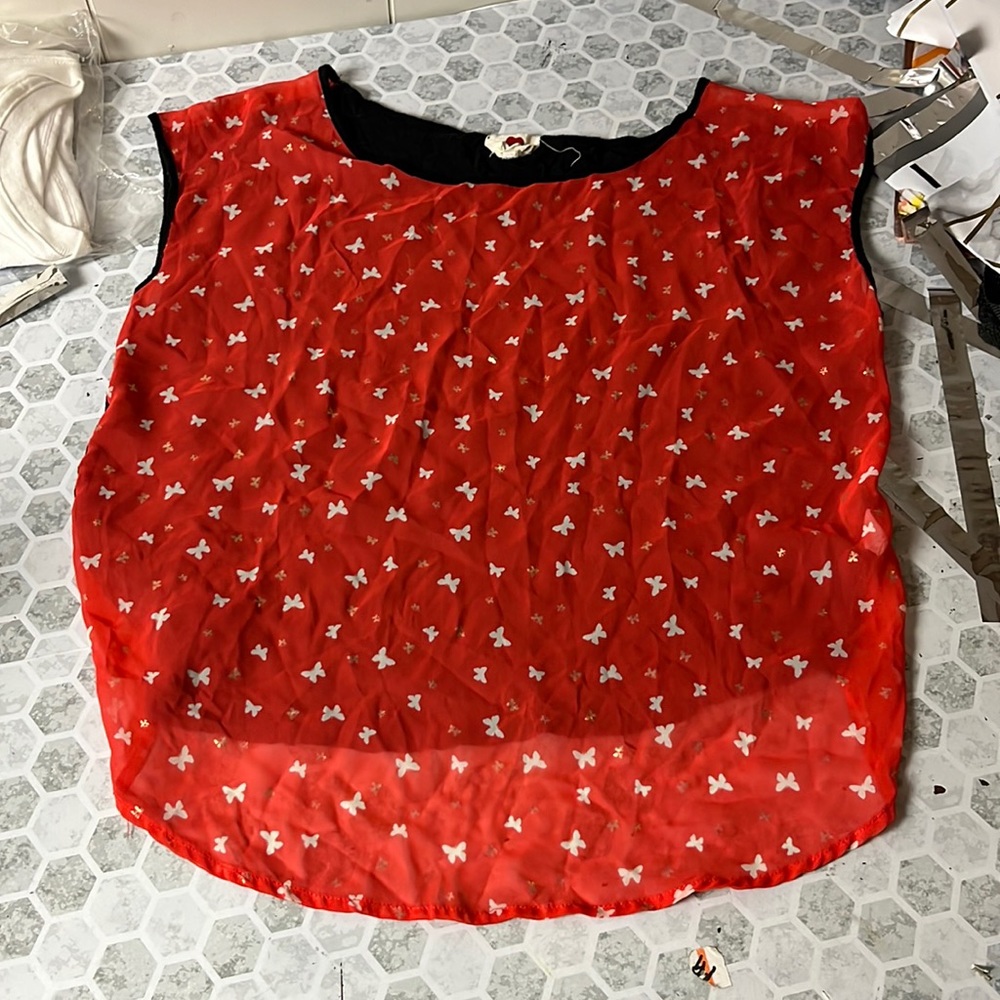 One Clothing Small Orange Butterfly Print Sheer Tank Top